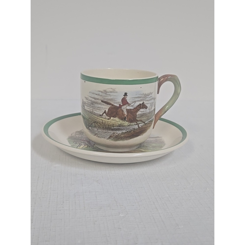 Copeland Spode England Herring Hunt Green #1 Footed Demitasse‎ Cup and #1 Saucer